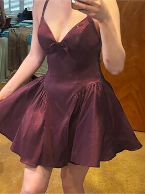 Satin Plum Spaghetti Strap Fit-and-Flare Dress